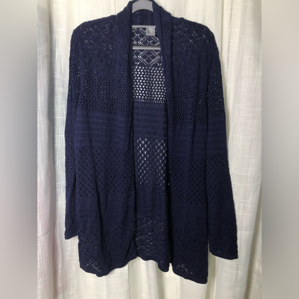 Navy Open-Knit Crochet Women's Sweater size 14 NWOT - Picture 3 of 11
